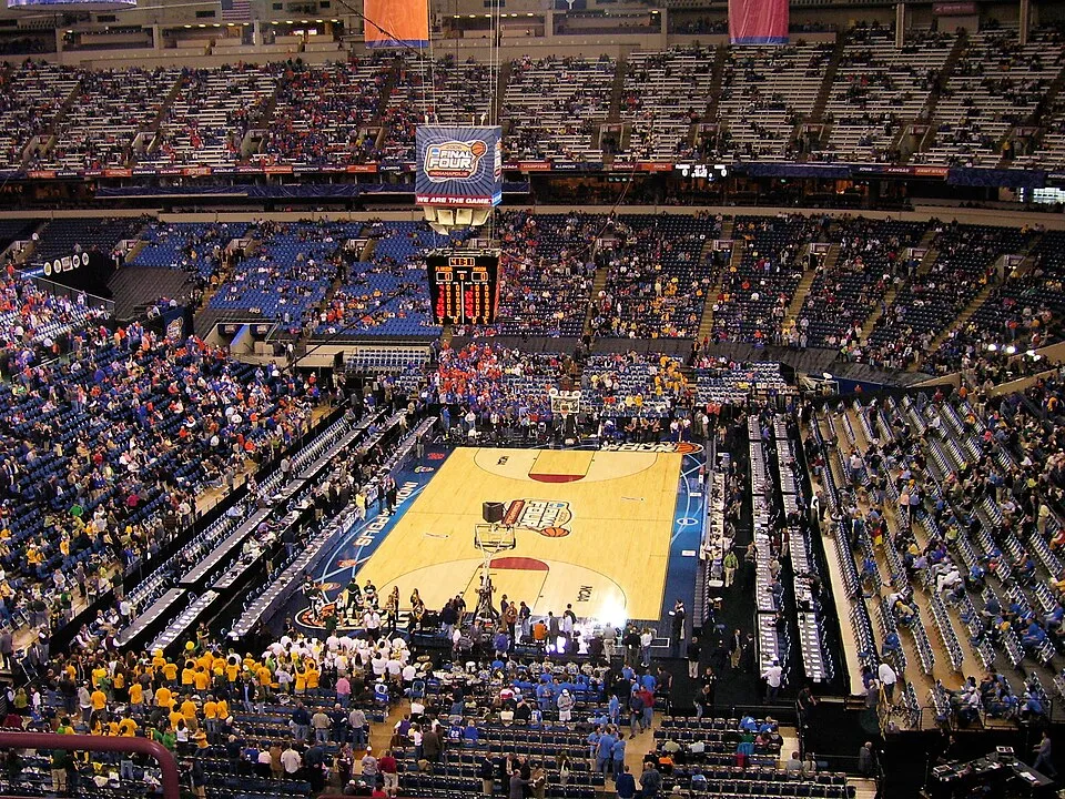 A historical NCAA Final Four basketball court and crowd